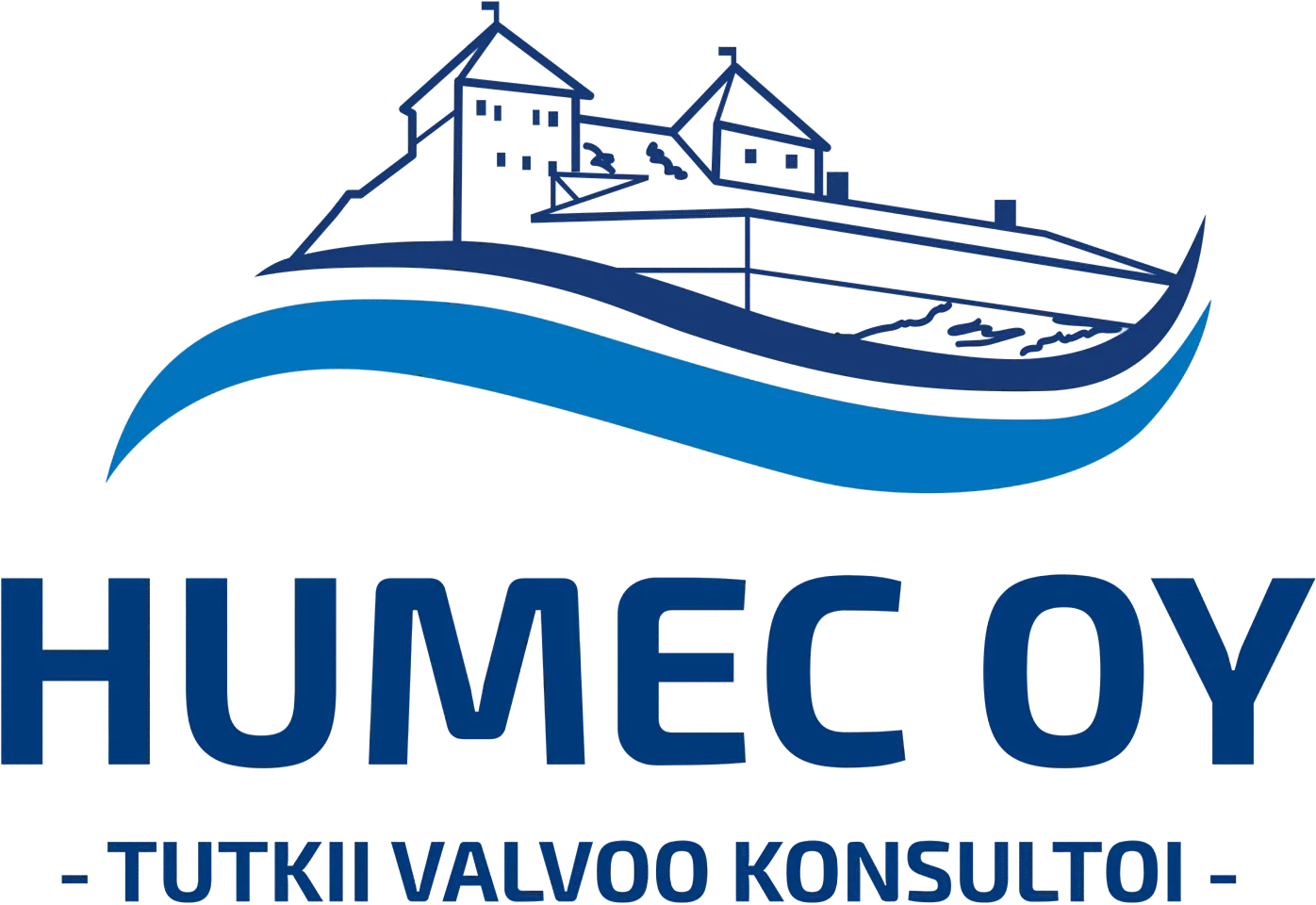 Logossa on sininen linna aaltojen yläpuolella ja teksti "HUMEC OY - TUTKII VALVOO KONSULTOI".